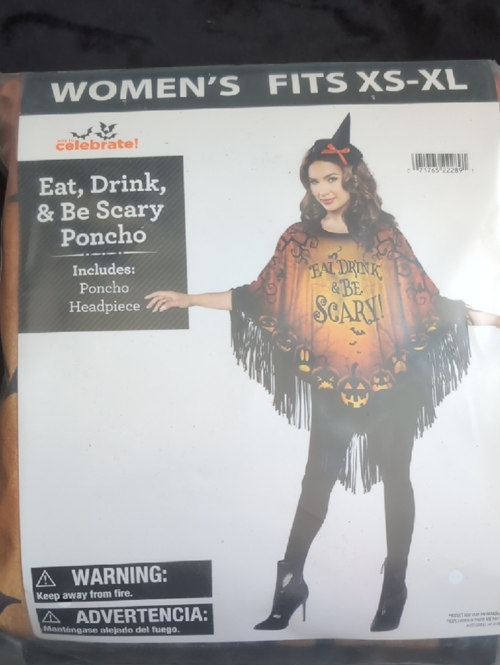 Halloween Eat, Drink , And Be Scary Fringe Poncho And Headpiece Costume - Orange - Picture 2 of 2